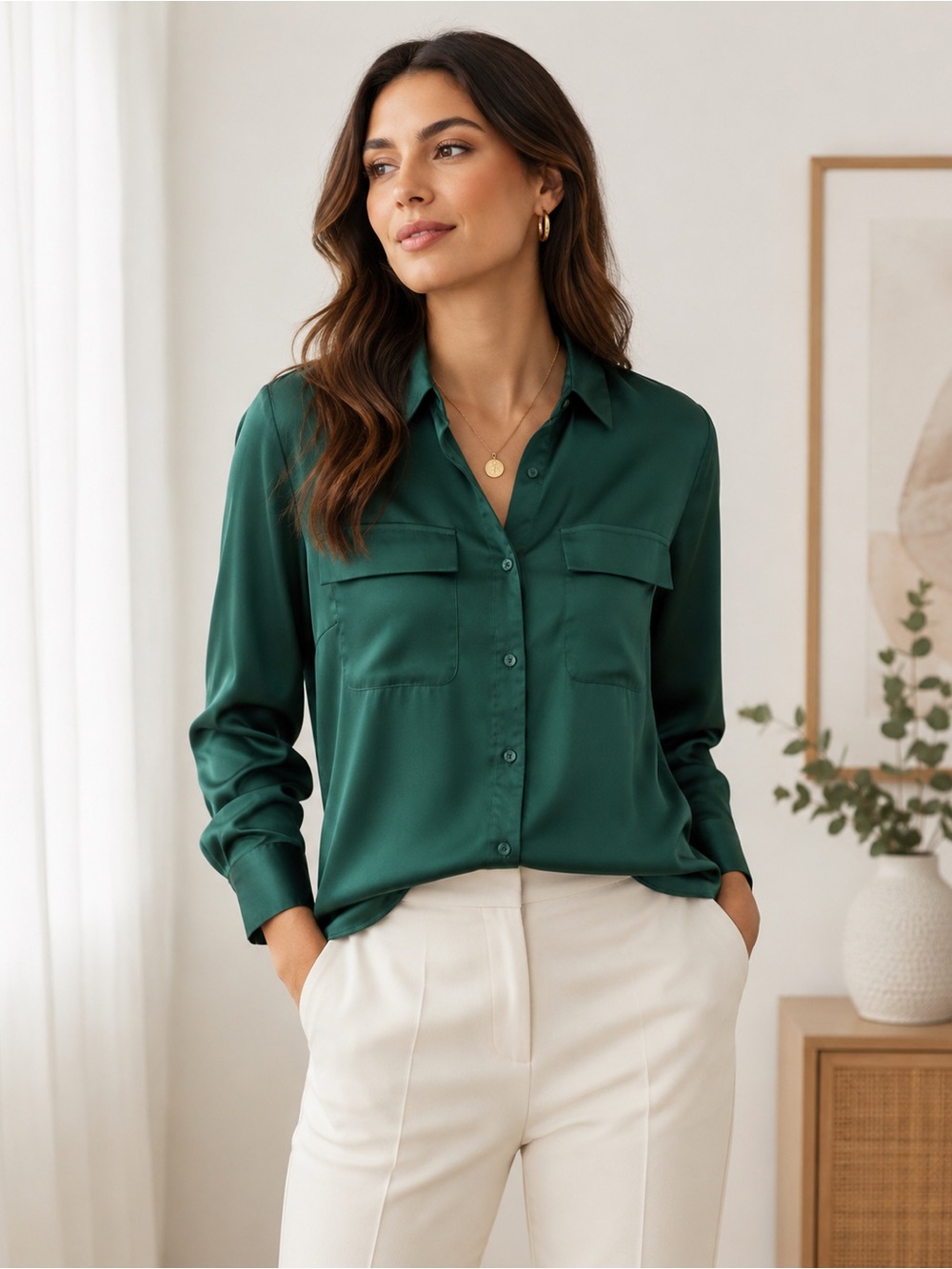 Equipment Signature Blouse Emerald Satin Button-Down Shirt Size M